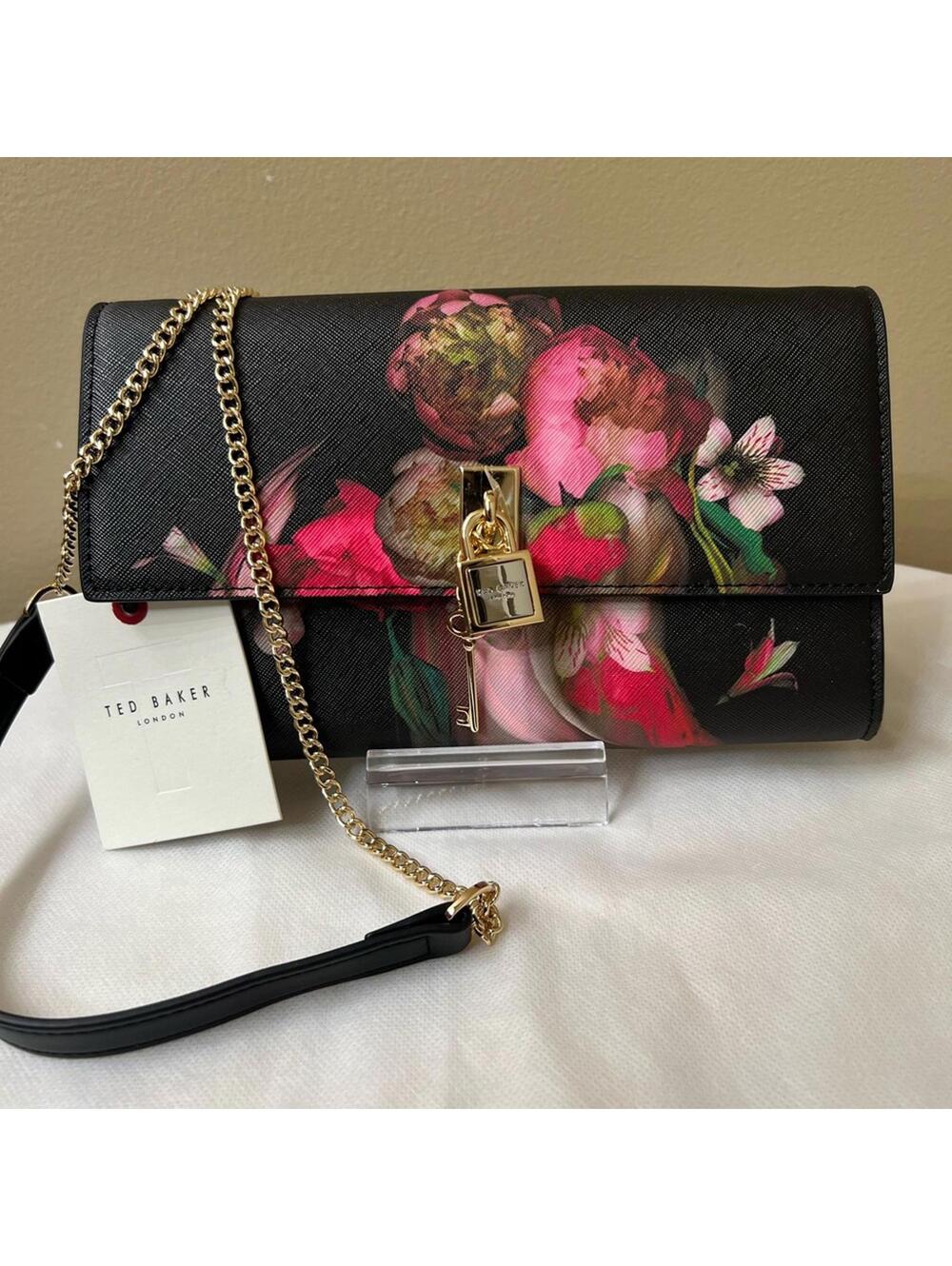 Ted Baker Black Floral Crossbody Bag with Gold Chain